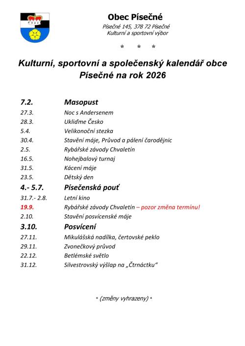 Kulturní kalendář 2026 -změna
